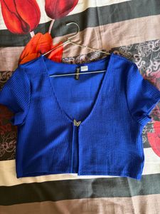 Blue Cropped Cardigan with Butterfly Clasp MEDIUM