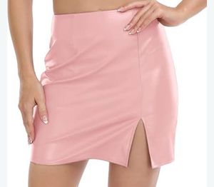 Pink Faux Leather Mini Skirt with Slit
