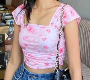 Pink Floral Mesh Ruched Crop Top