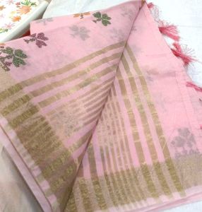 🆕️ Pastel Pink Embroidered Golden Border Saree