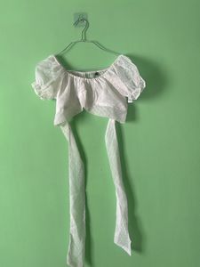 White Sheer Polka Dot Crop Top with Tie