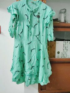 159.Cute Teal Feather Print Dress