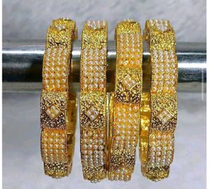 Elegant Gold Pearl Bangle Set
