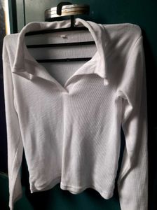 White Ribbed collared Long Sleeve crop Top