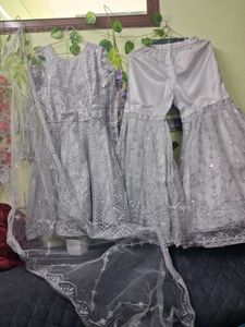 Elegant Silver Sequined Kurta Set with Dupatta