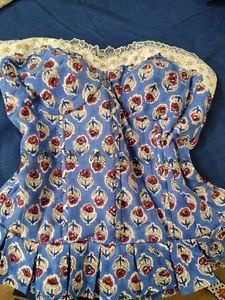 Blue Floral Corset Top with Lace Trim