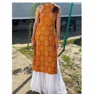 Elegant Orange Printed Kurta Set