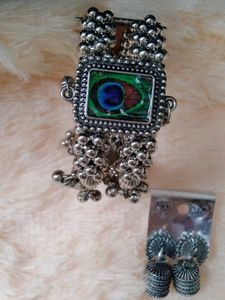 Peacock Jhumka Earrings and oxidised bangle