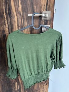 Green Smocked Cropped Top