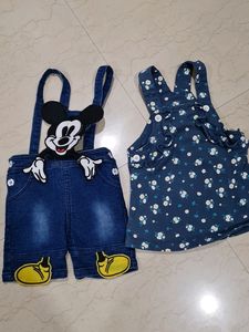 Mickey Mouse Denim Overalls & Floral dungree Set
