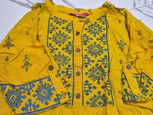 Yellow Kurta with Blue Geometric Print