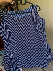 Stylish Navy Striped Cold Shoulder Top