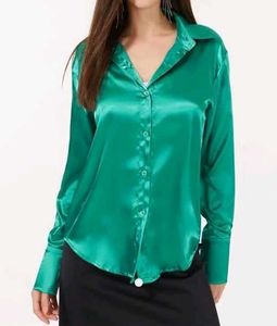 Emerald Satin Button-Up Blouse