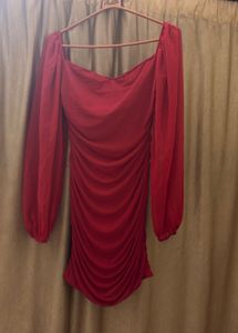 Chic Red Ruched Long Sleeve Dress