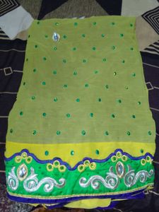 Embroidered yellow and violet Saree with Green Bor