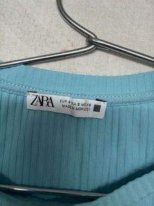 Zara Blue Ribbed Ruffle Sleeve Top