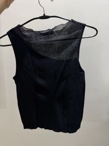 Elegant Black Sleeveless Top with Sheer Yoke Detai