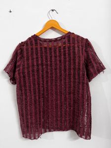 zara Maroon Striped Mesh Top