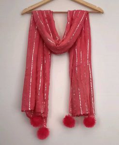 Pink Dupatta with Silver Stripes