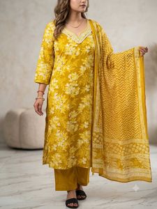 Vibrant Yellow Floral Kurta pant dupta set