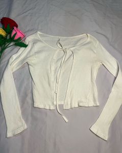 Cream Ribbed Tie-Front Long Sleeve Top