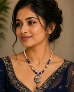 Elegant Pearl and Blue Stone Necklace Set