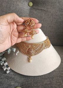 Exquisite Gold Choker Necklace &amp; Earring Set