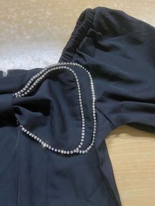 Black Puff Sleeve Top with Rhinestone Bow