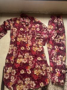 Maroon Floral Print co-ord kurta Set