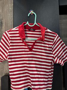 Striped Cropped Polo Neck Top