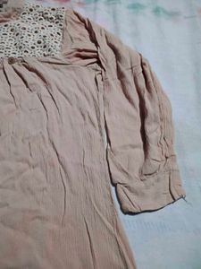 Beige Textured Kurta with Crochet Neckline