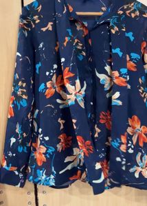 Navy Blue Floral Print Long Sleeve Top