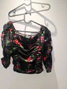 Sheer Floral Puff Sleeve Crop Top