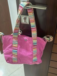 Vibrant Pink Tote Bag with Striped Handles