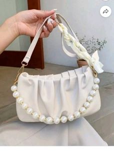 Chic White Ruched Shoulder Bag with Pearl Handle