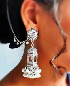 Oxidized Silver Bahubali Jhumka Earrings with Chai