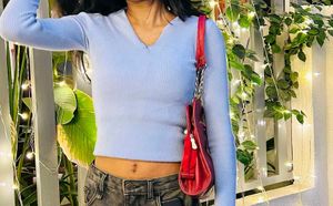 Ribbed V-Neck Long Sleeve Top