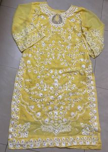 Pearls &amp; Embroided Yellow Kurta Set