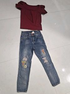 Maroon Puff Sleeve Top with Patched Jeans