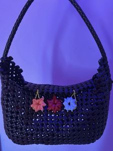 Unique Woven Hobo Bag with Floral Charms