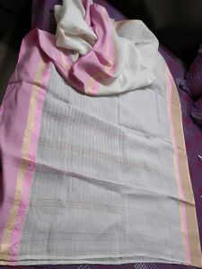 Elegant White Pink Zari Linen Saree