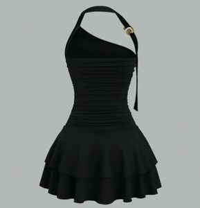 Chic Black Halterneck Tiered Mini Dress