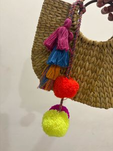Straw Tote Bag with Pom Poms
