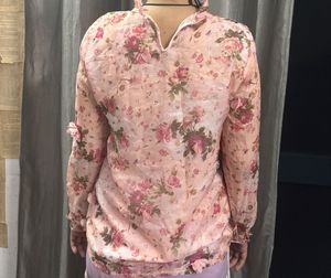 Sheer Floral Ruffle Neck Blouse