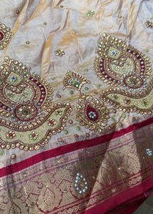 Elegant Cream &amp; Red Embroidered Saree