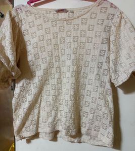 Cream Textured Floral Puff Sleeve Top