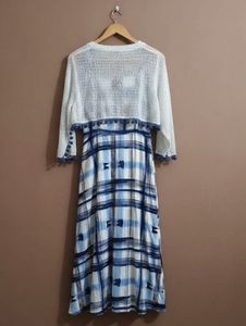 Elegant White &amp; Blue Embroidered Dress