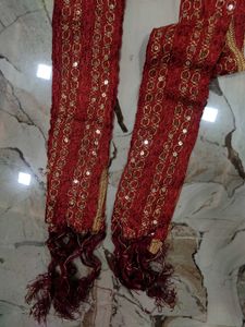 Red Embroidered Dupatta with Mirror Work