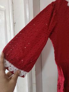 Red Textured Kurta with Lace Trim