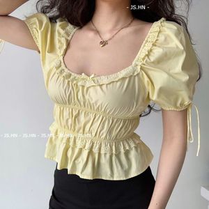 Cute Yellow Lace-Up Puff Sleeve Top